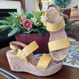 Kork-Ease Austin Genuine Leather Yellow Cork Wedge Platform Slingback Sandals